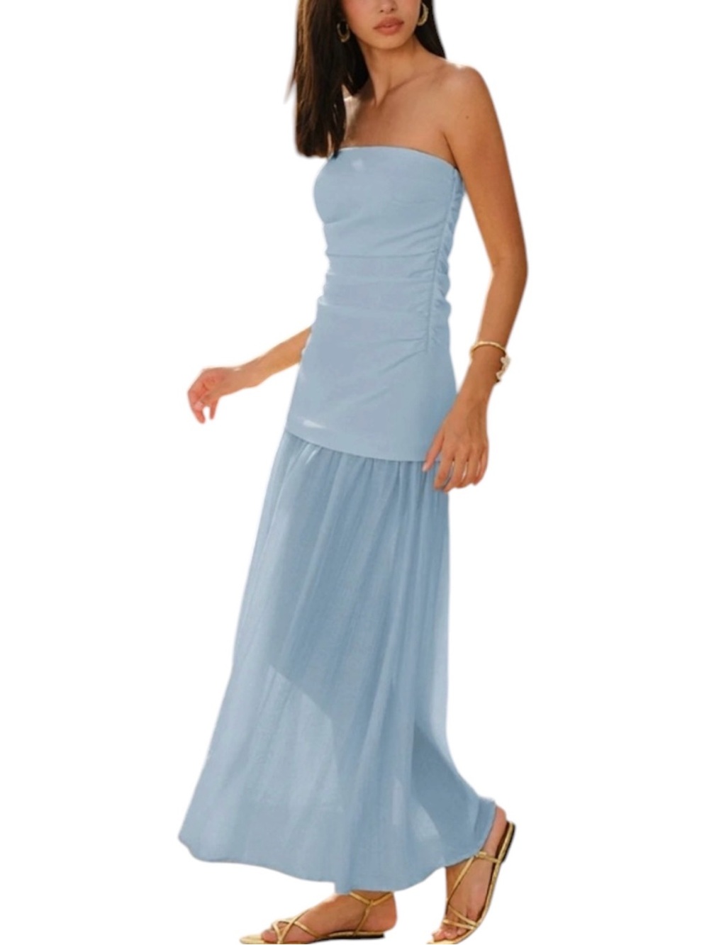 Commense Semi Sheer Strapless Ruched Maxi Dress Powder Blue XS NWT